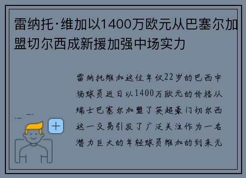 雷纳托·维加以1400万欧元从巴塞尔加盟切尔西成新援加强中场实力 雷纳托·维加以1400万欧元从巴塞尔加盟切尔西成新援加强中场实力